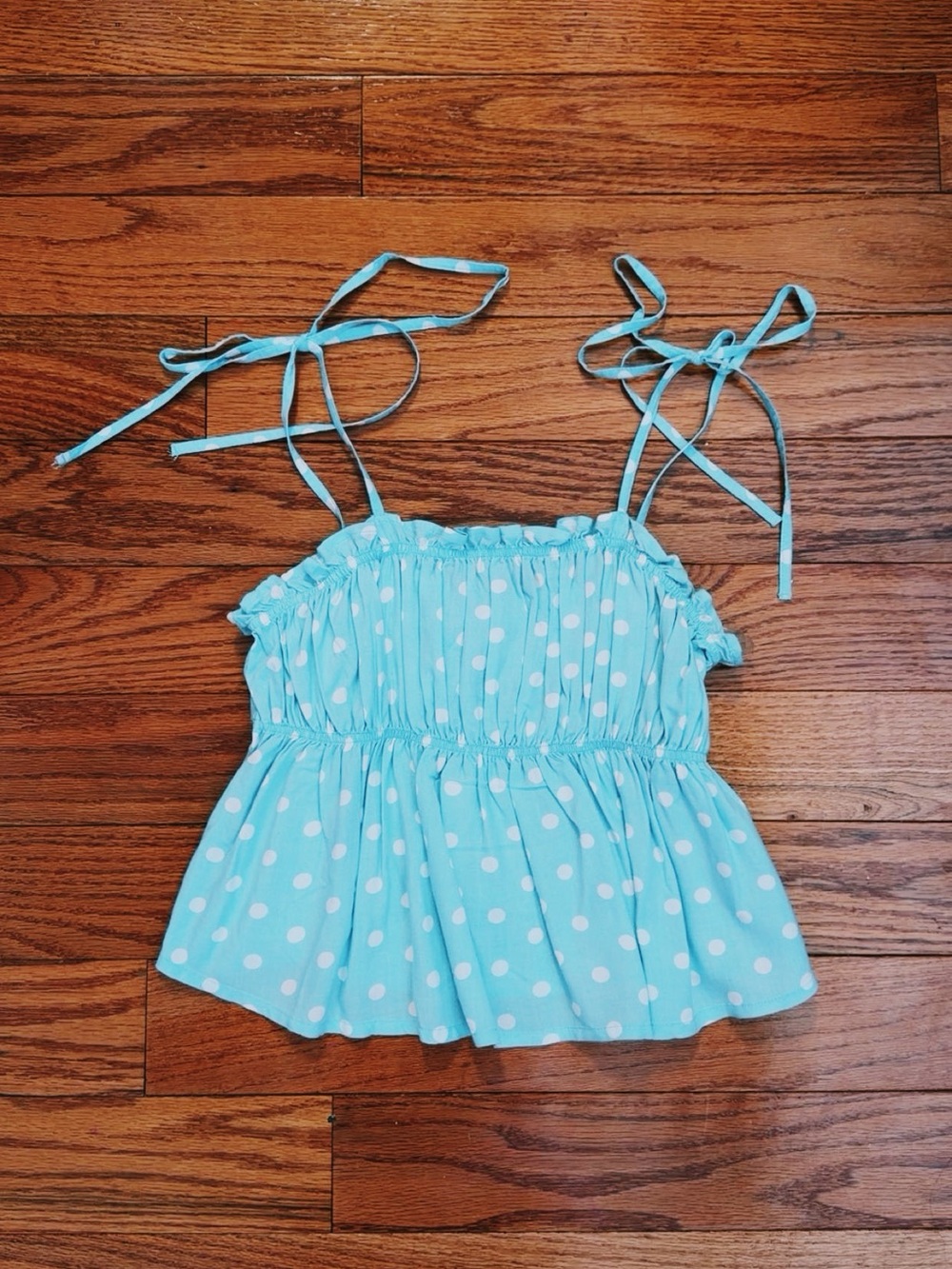 Francesca's Collections Light Blue White Polka Dot Tie-Shoulder Crop Top